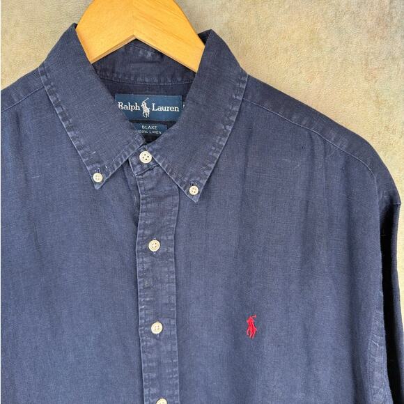 VTG 90s Polo Ralph Lauren 100% Linen Shirt Mens Sz L Navy Blue Blake Shirt - Picture 5 of 7